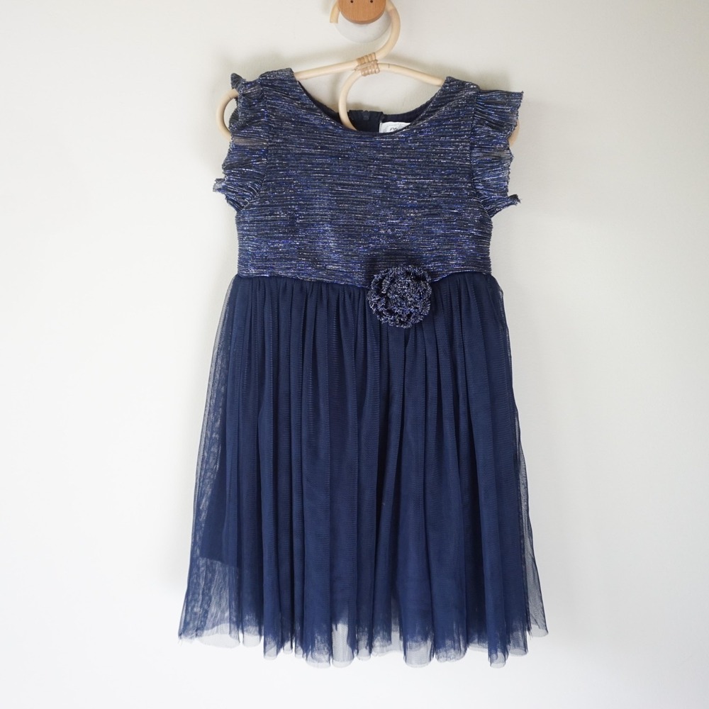 Popatu Tulle Dress Kids 4 Navy Blue Metallic Sparkle Rosette